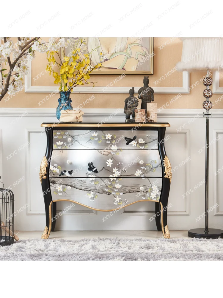 New Chinese Style Lobby Entrance Aisle Entrance Cabinet Silver Foil Painted Flowers and Birds Original Classic Living Room