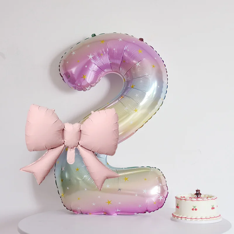 40 بوصة قوس قزح السماء المرصعة بالنجوم الرقمية الألومنيوم احباط بالون مع القوس الوردي الأميرة نمط حفلة عيد ميلاد الديكور (0-9)