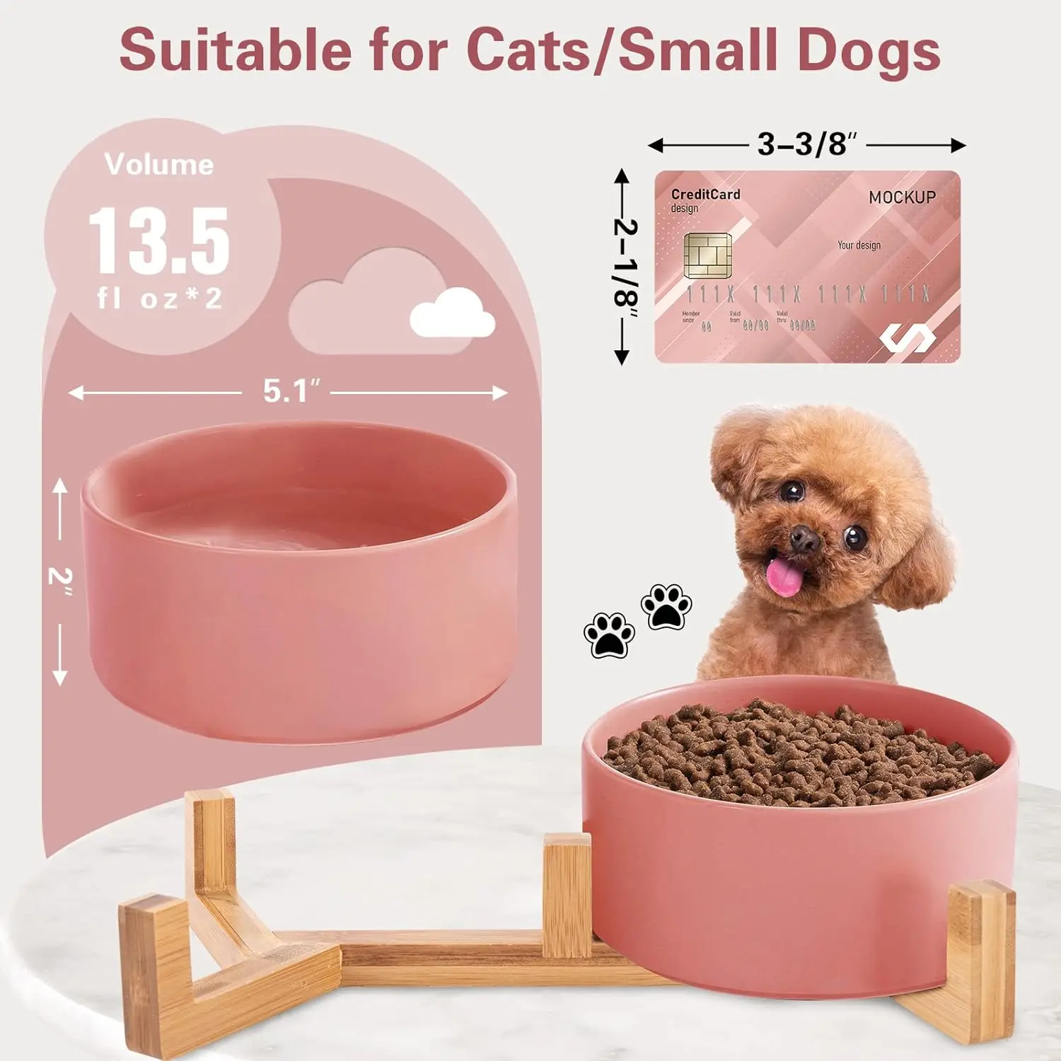 Ceramic Cat Bowls, Food and Water Puppy Bowls Set Dish With Wood Stand, No Spill Pet Ceramic Double Bowl For small Dogs & Cats