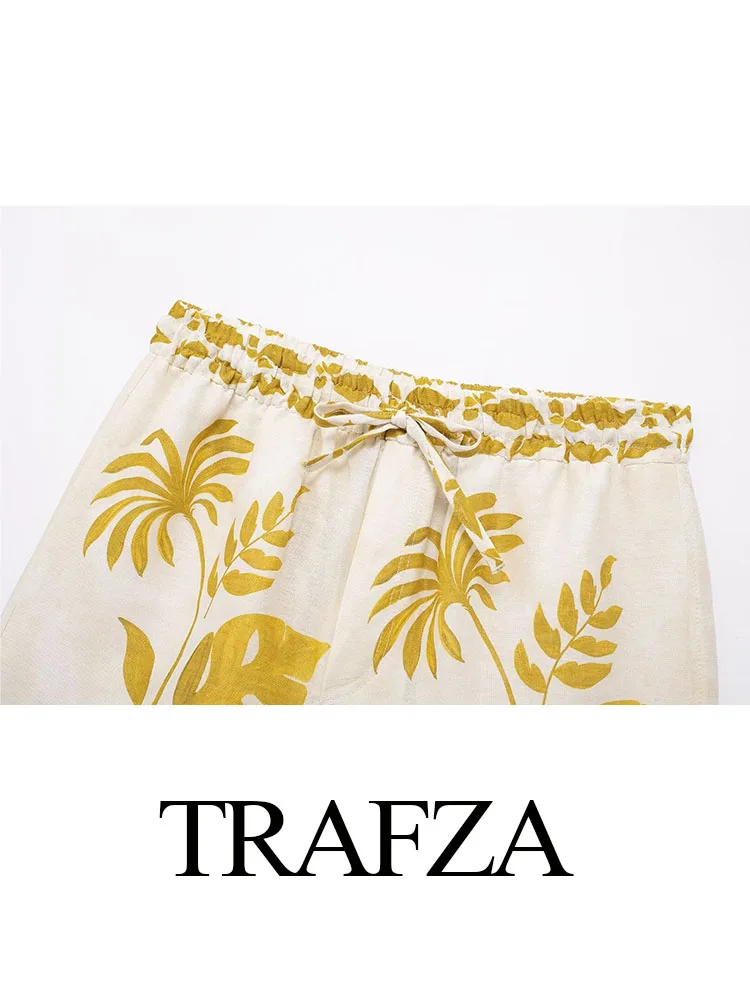 TRAFZA Women New Fashion Slim Short Pants Print Mid-Waist Elastic Waist Lace-Up Decoration Female Summer Casual Chic Shorts TRAF