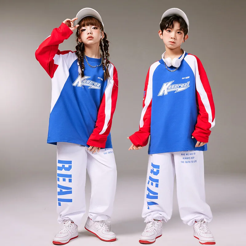 Kid Cool Hip Hop Clothing Red Blue Letter Sweatshirt Top White Casual Jogger Sweat Pants for Girl Boy Jazz Dance Costume Clothes