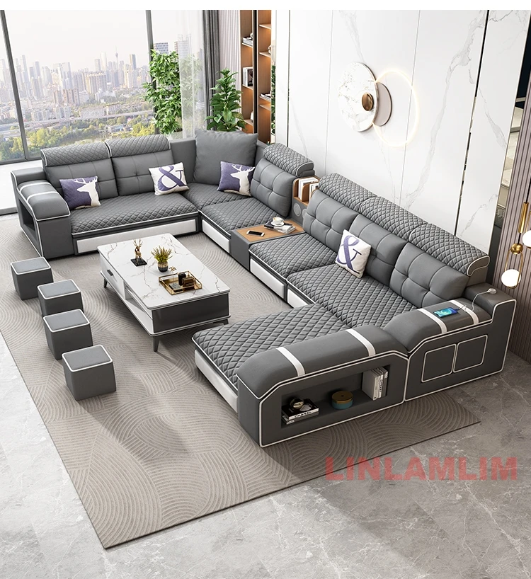 Linlamlim Modern U-Shaped Fabric Sectional Sofa with Speaker, Adjustable Headrests,USB Charging - Comfortable Quilted Upholstery