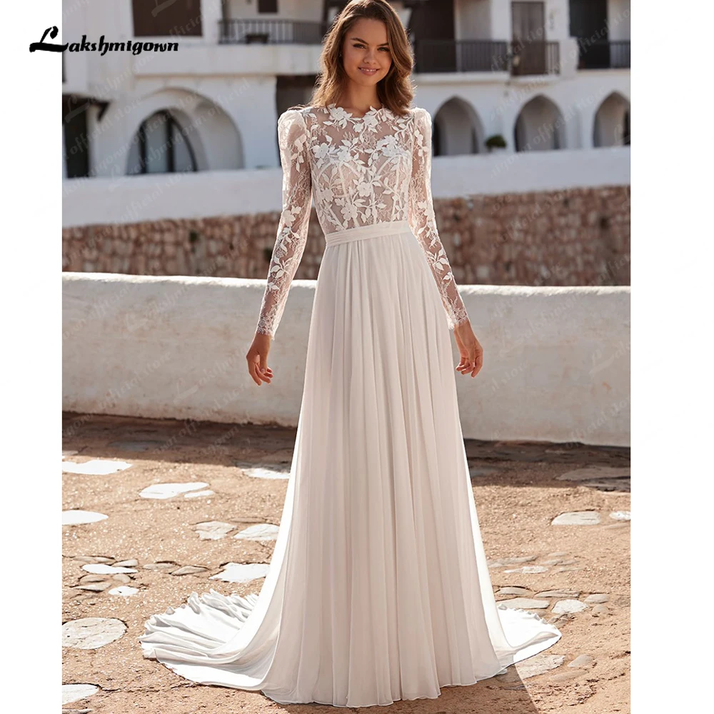 Lakshmigown Boho Zomer Strand Trouwjurk Lange Mouw Lange Chiffon Voorkant Split Goedkope Bohemian Bruid Jurken