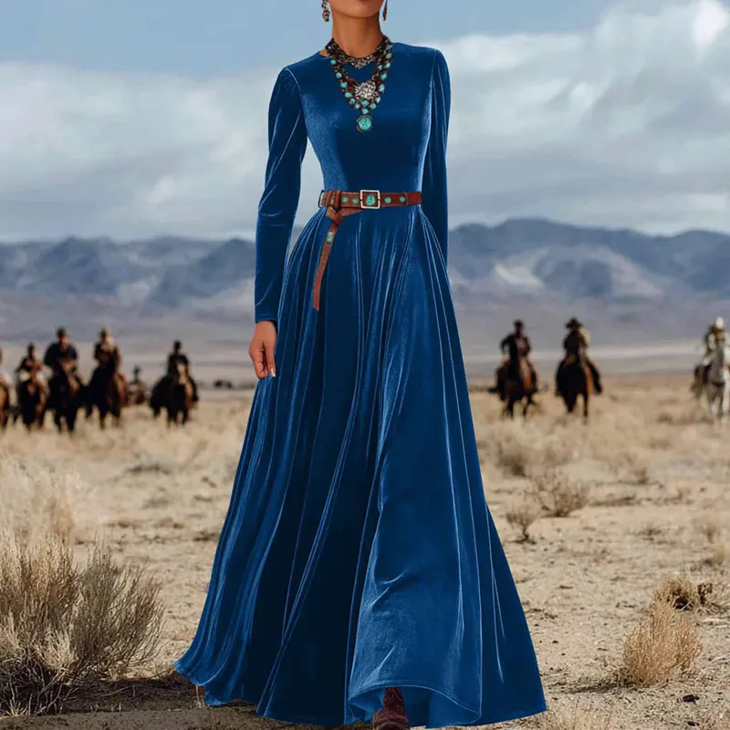 Female Clothing Vintage Solid Slim Soft Velvet Long Dresses Woman Elegant O Neck High Waist Pleated Maxi Dress for Autumn Winter