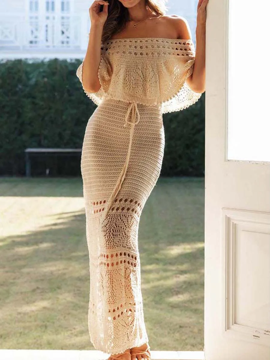 hirigin Elegant Women's Summer Boho Long Tube Top Dress Short Sleeve Off Shoulder Knit Pattern Hollow Tie Up Summer Dress