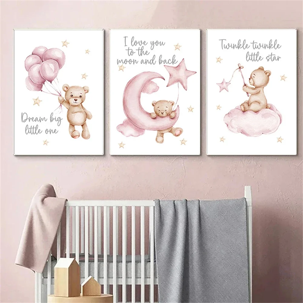 

Pink Cartoon Teddy Bear Poster Stars Moon Balloons Nursery Canvas Painting Print Picture Nordic Wall Art Girls Room Decoration