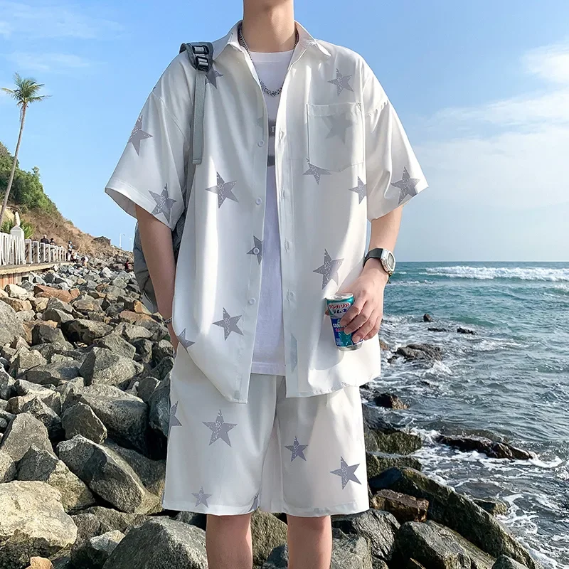 Short-sleeved Summer Breathable Handsome Casual Suit Shirt Men's Loose Shorts Two-piece Trendy Set