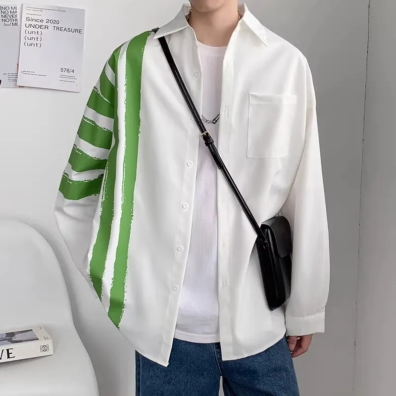 

Trendy Brand High-End Color Blo Long Sve Men's Casual irt Loose Couple White irt Polyester Fiber Anti-Wrinkle Spring...