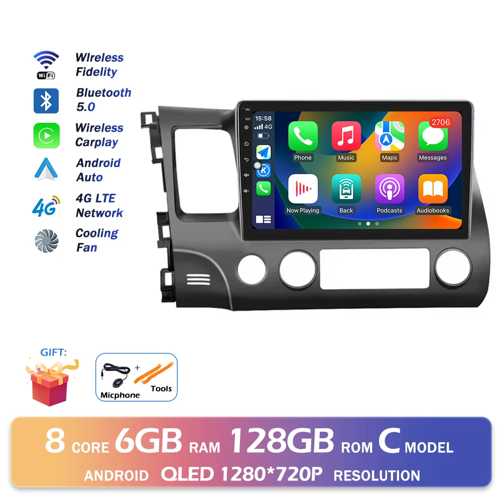 Android 16 Bluetooth Voor Honda Civic 2006-2011 Autoradio Intelligente Multimedia Speler Auto Draadloze CarPlay WIFI 4G DSP GPS - afbeelding 1