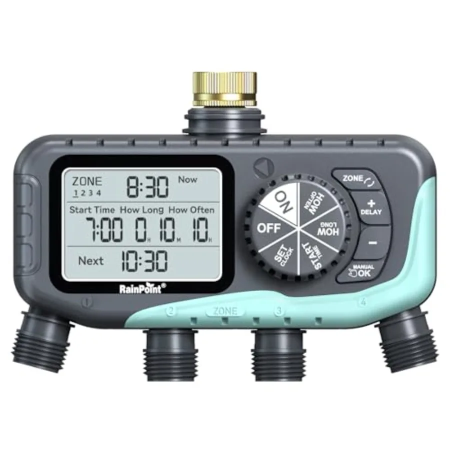 

Garden hose sprinkler timer for 4-zone irrigation system brass inlet digital control with rain delay/manual/automatic modes ide