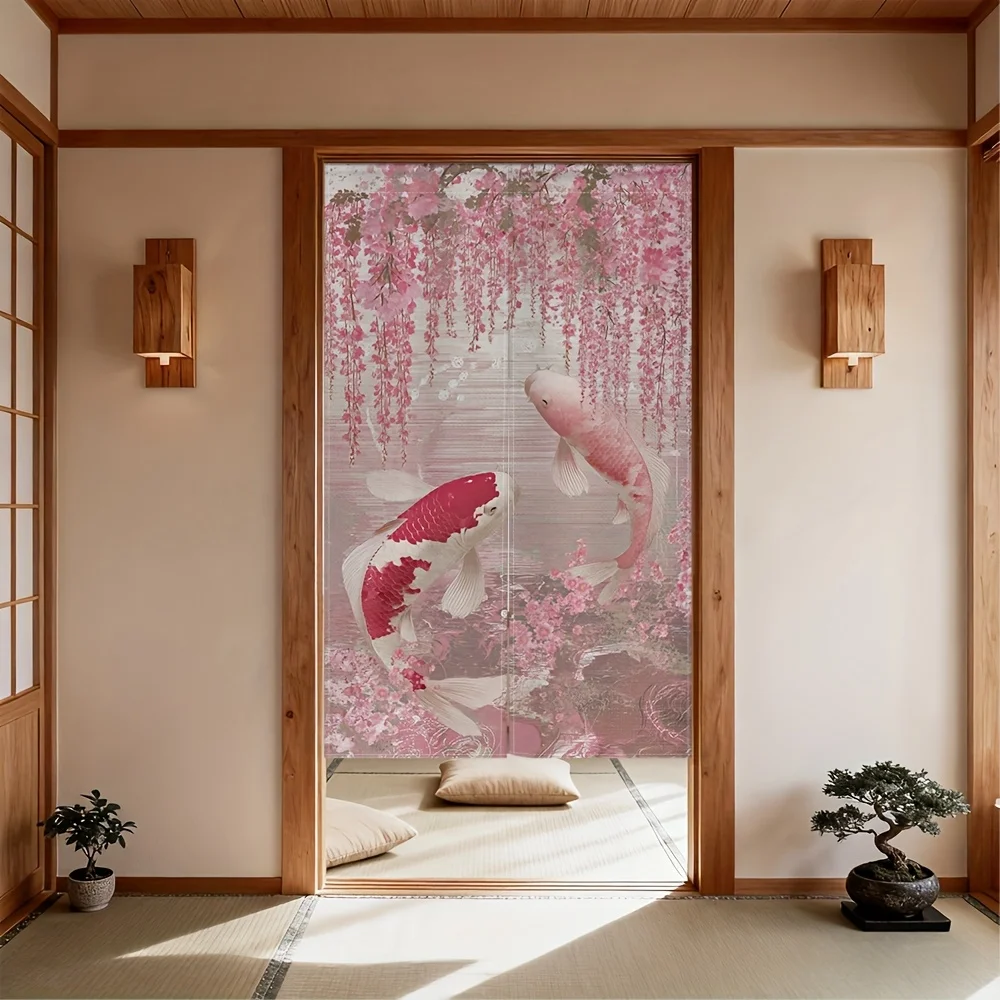 Japanese Style Cherry Blossom Koi Fish Curtain, Pink Flower And Fish Pattern Door Curtain For Japanese Style Entrance Decoration