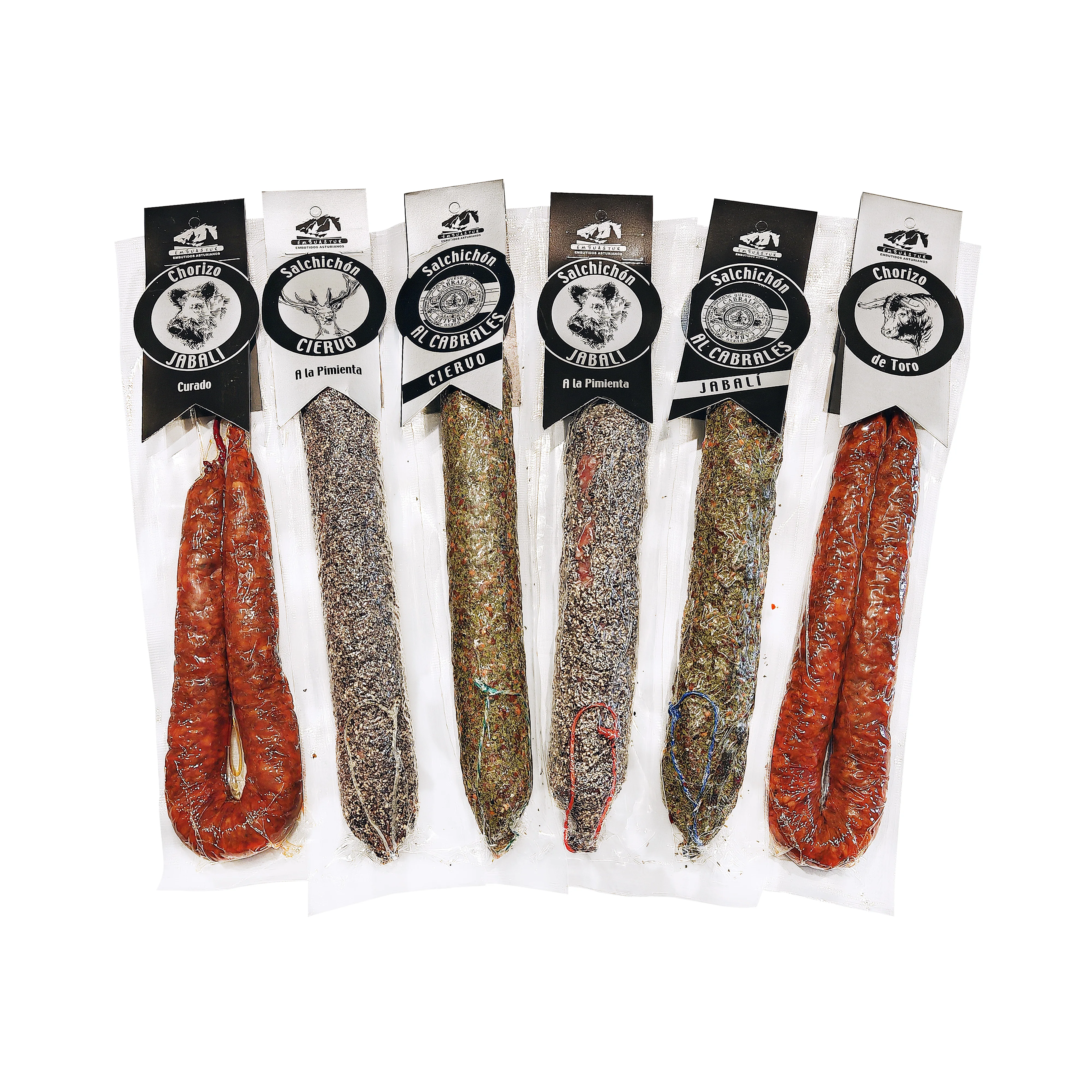 Embutidos asturianos. Pack de 6 unidades: Chorizo de jabalí, Chorizo de toro, Salchichón de ciervo a la pimienta, ciervo al cabrales, jabalí a la pimienta y jabalí al cabrales. Embuastur SL