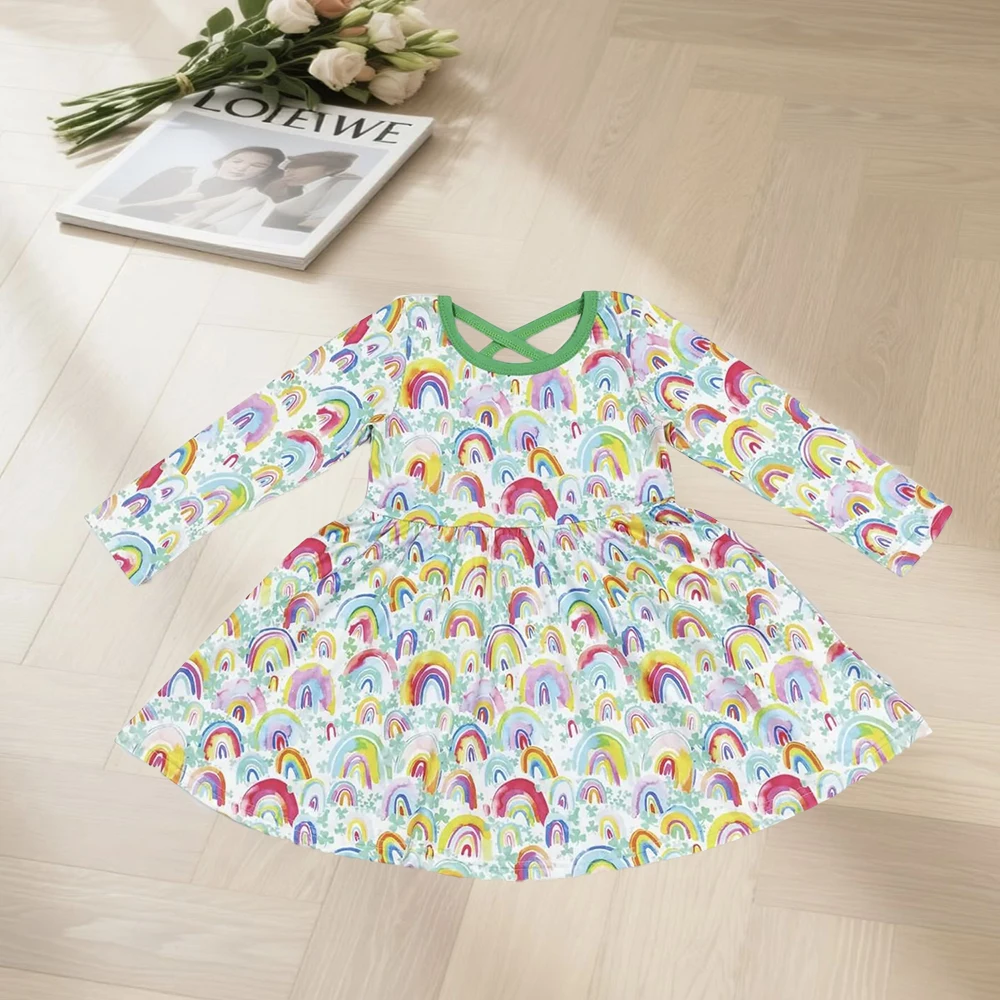 11.21 Baby Girls Green Rainbow Quatrefoil St Patrick Day Knee Length Dresses