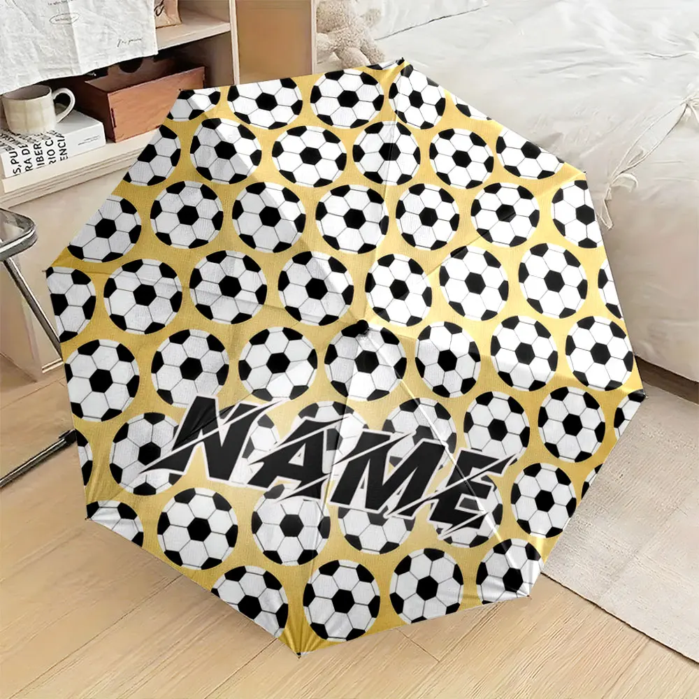 Custom Name Umbrella, "Soccer Ball Pattern Umbrella with Yellow Background Design" Folding Umbrella for Sunny and Rainy,Gift