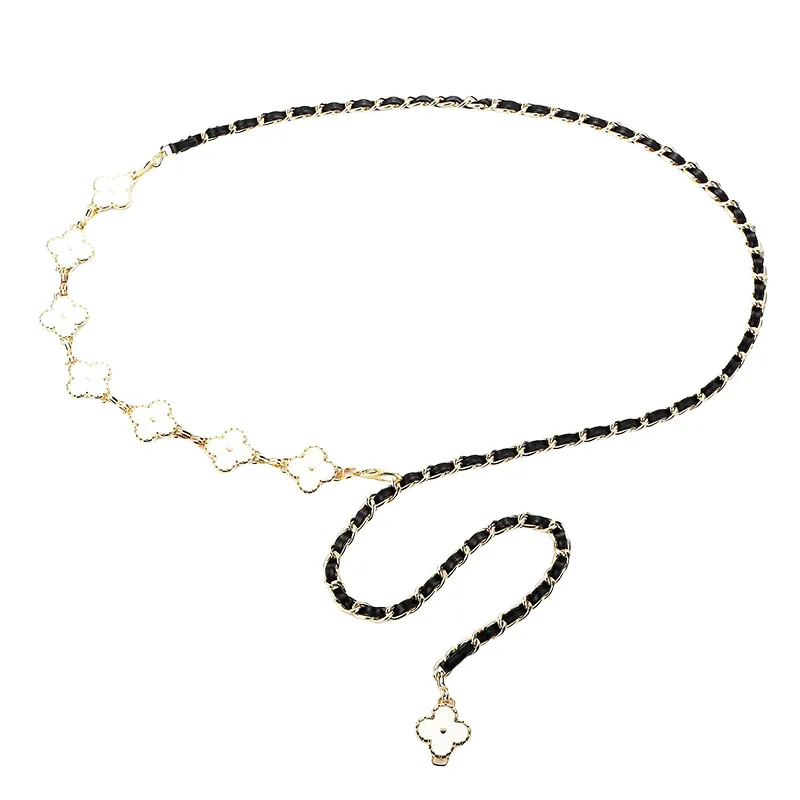 Accessori decorativi per guarnizioni in vita con cintura decorativa per gonna a catena in metallo bifacciale in bianco e nero con quadrifoglio