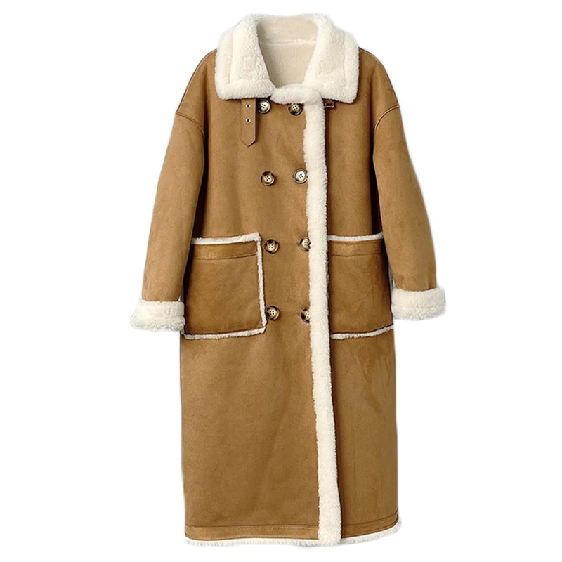 

Two Sides Wearing Lamb Wool Long Winter Coat Female Lady Sheep Shearling Double Breasted Thicken Jacket Parka PT357