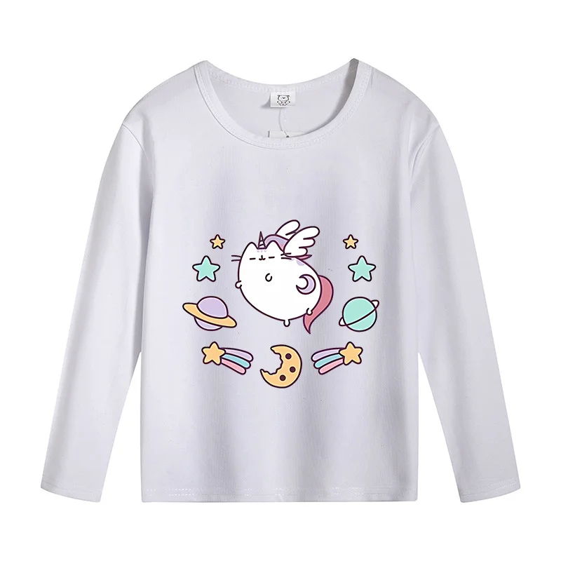 Pusheen Long Sleeve T-shirt Cartoon Cat Cute Base Tee Kids White Black T-shirts Boys Girls Clothes Tshirt Autumn Spring Clothing