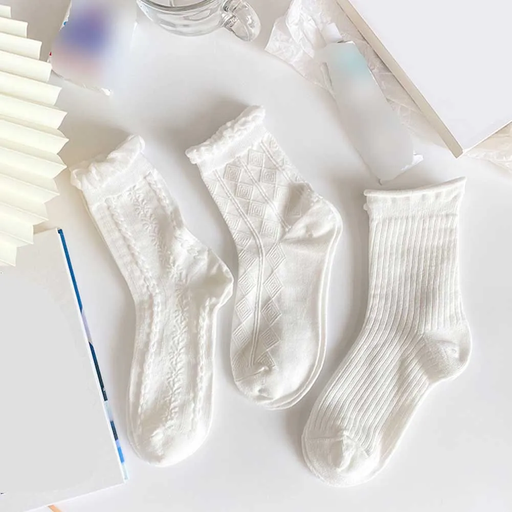 

1pair Socks for Women Ruffle Cotton Middle Tube Ankle Short Breathable White Spring Autumn Korean Japanese College Style Socks