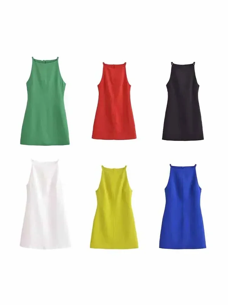 

Women's clothing 2024 new fashion multi-color slim fit straight neck sleeveless mini dress retro back zipper women's dress Mujer