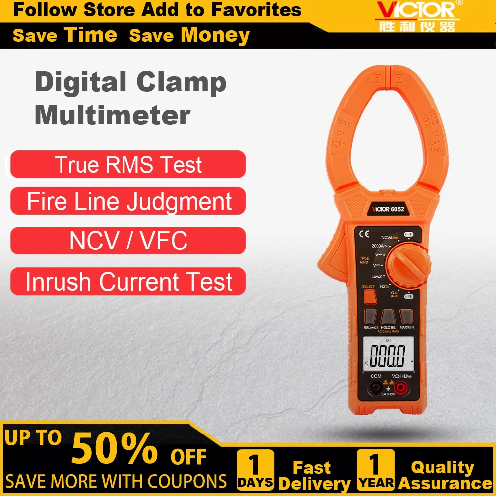 

Victor 6052 Digital Clamp Meter LCD 2000A Current Voltage Frequency Capacitiance Duty Cycle Temperature Resistance 6000 Counts