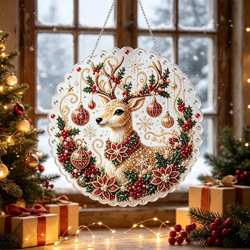 DIY Pearl Suncatcher Craft Kit Round Acrylic Christmas Series Pendant Pearl Beads Craft Kit Home Decoration