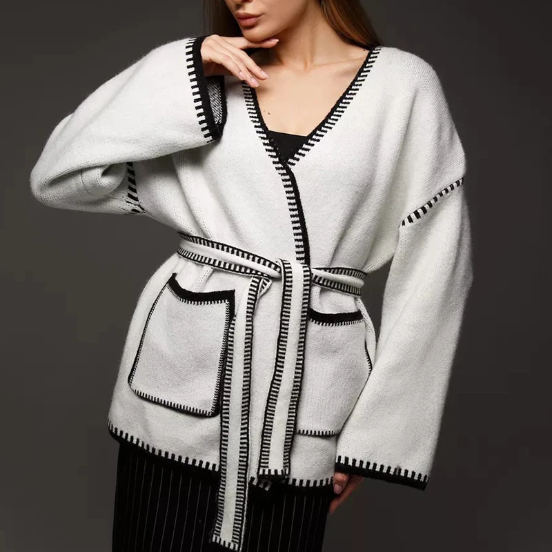 

2026 Fashionable Tie-Waist Knit Cardigan Autumn/Winter New Style, Loose Fit, Color Block Mid-Length Sweater Cardigan
