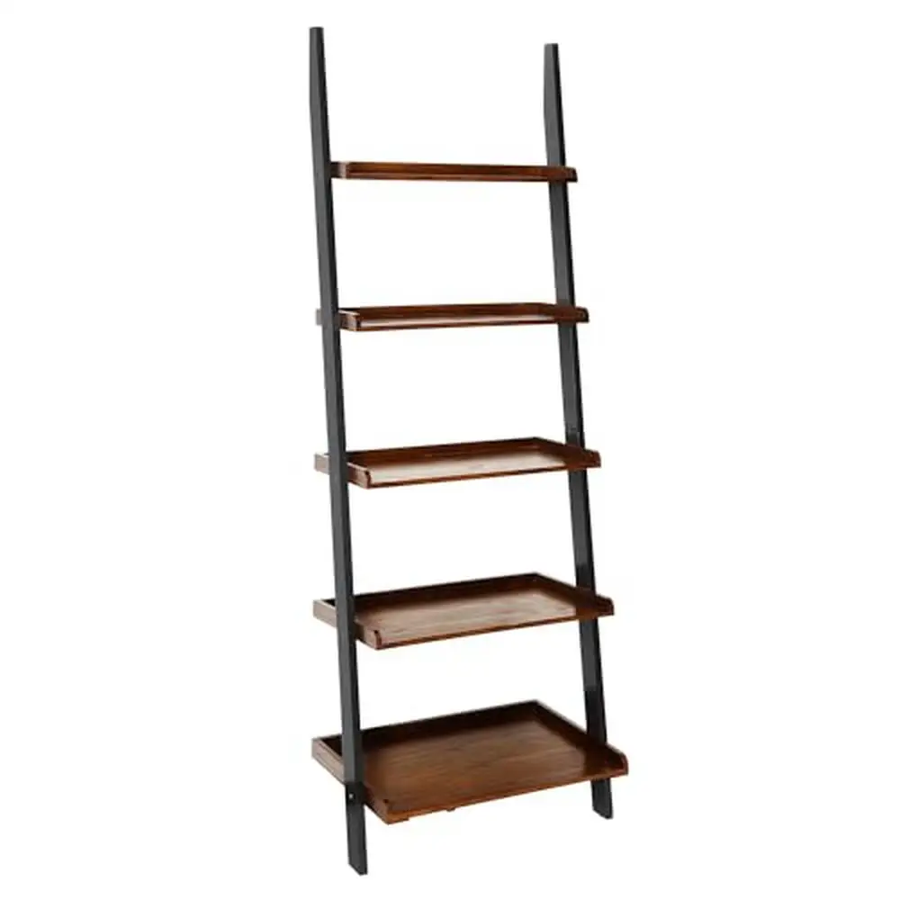 Rustic French Country 5-Tier Ladder Shelf Dark Walnut/Black Solid Pine/Birch Veneer/MDF Sturdy Office Storage