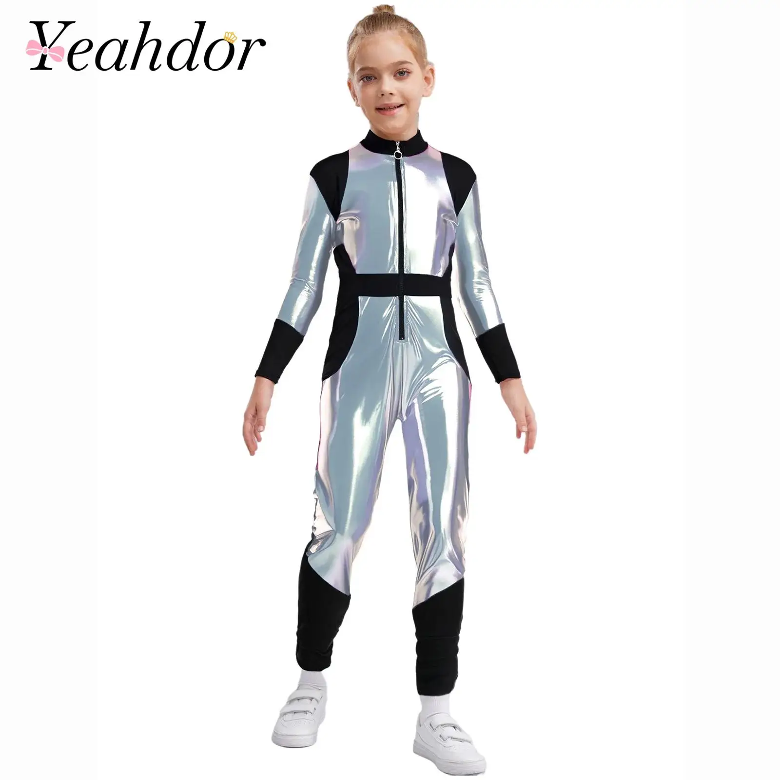 Kids Alien Costume Halloween Carnival Galaxy Theme Party Outfit Shiny Metallic Long Jumpsuit Silver Astronaut Robot Fancy Dress