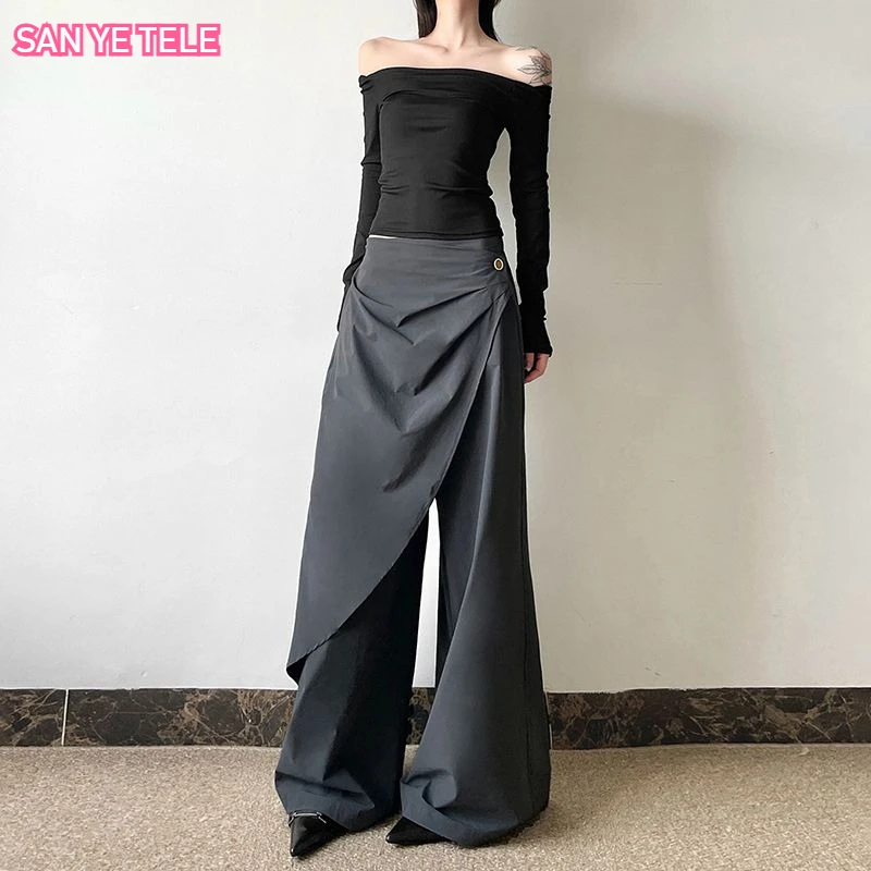 Personalized Wide Leg Pants Women New Retro Grey Pleated Casual Trousers High Waist Loose Button Fashion Elegant Clothing
