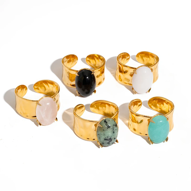 18K Gold Plated Stainless Steel Open Ring Inlaid with Natural Stones Shaped  Anti-allergic Metal Personality Jewelry for Women