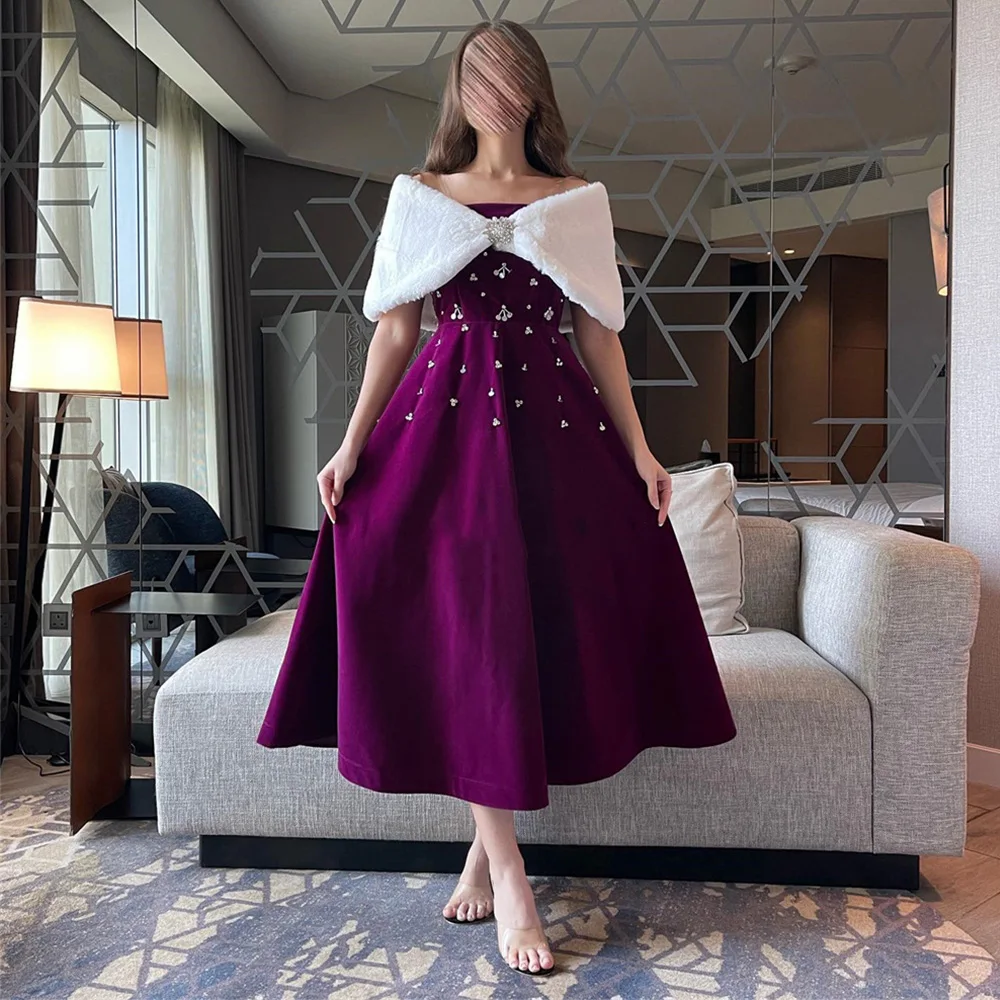 

Tea-Length Sleeveless A-line Evening Dresses for Women Rhinestone Backless Velour Sexy Strapless Prom Gown فساتين سهرة فخمه