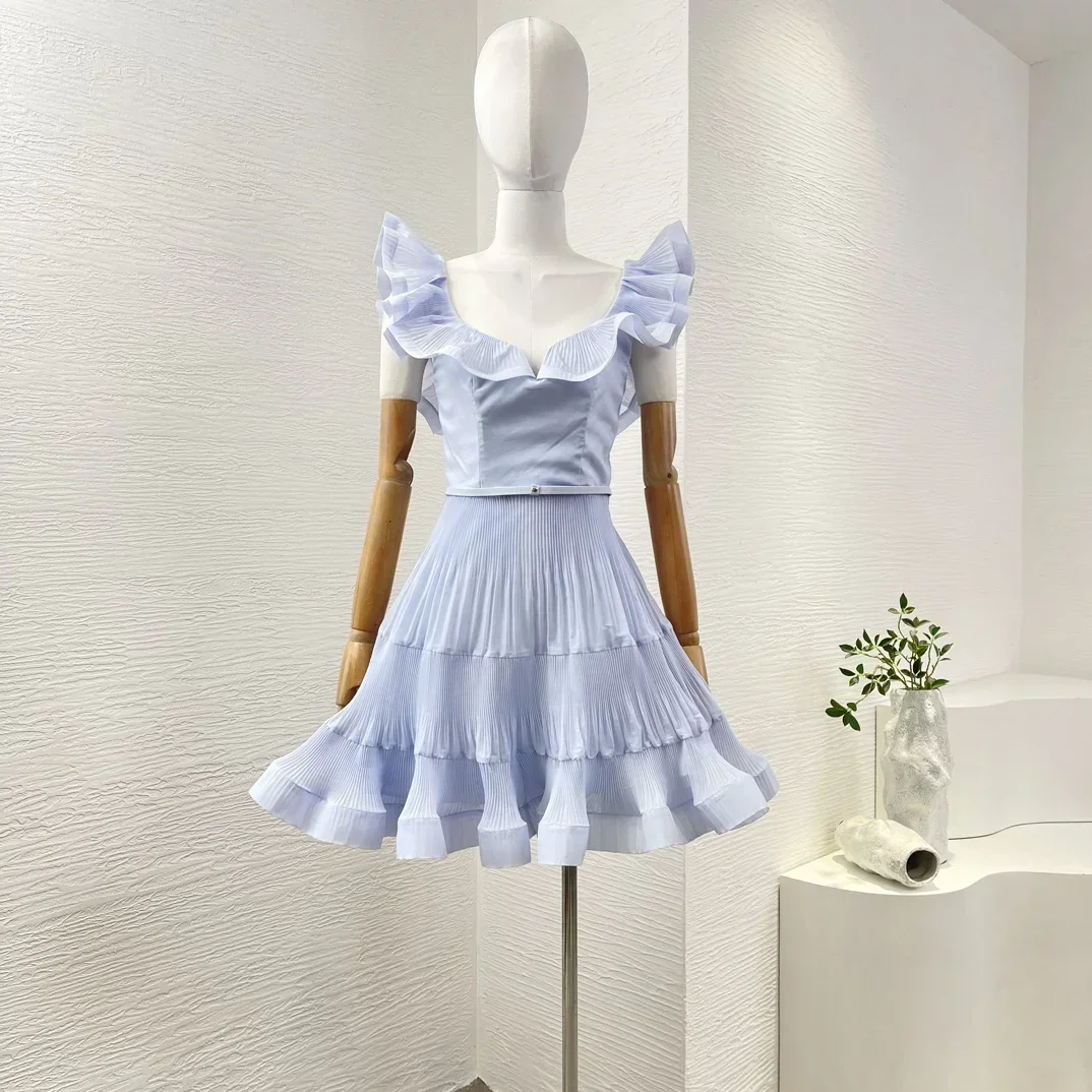 

Light Blue Color Ruffles Sweet Ruffles Trim At Neckline Pleat Ruched Strapless Women High Quality Mini Dress