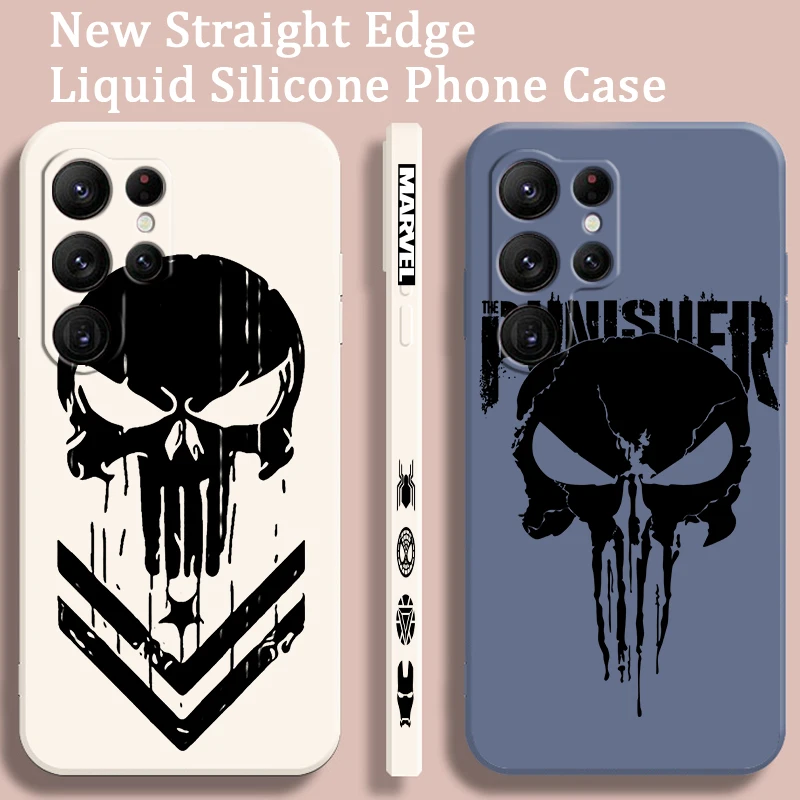 Luxury Marvel Punisher Logo Liquid Left Rope For Samsung Galaxy S24 S23 S22 S21 S20 FE S10 Ultra Plus Lite 5G Soft Phone Case