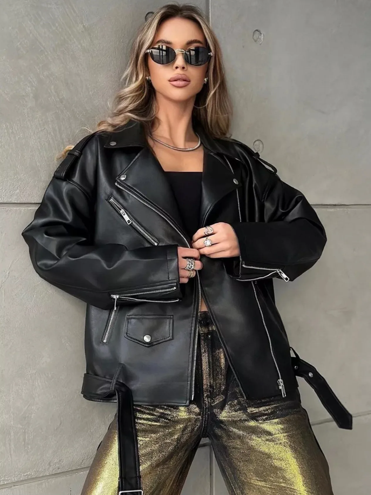 Women Loose Motorcycle Biker Black Pu Faux Leather Jacket with Belt Spring Autumn Female Zipper Coat Outwear