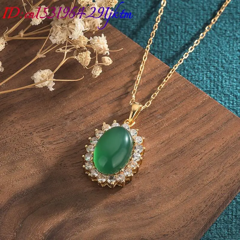 Green Natural Jade Pendant Necklace Carved Gemstone 18K Gold Plated Real Jewelry Vintage Amulet Stone Designer Charm view 3