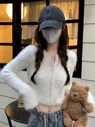 White Mink Velvet Sweater Coat Women's Autumn Winter Short Knitted Cardigan Top Trendy Slim Fit V-neck Sweet Style Thickened