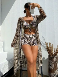 Bikini Women Swimsuit 2026 New Lattice Sling Bikinis Set Sexy Boxer Shorts Swimwear Summer Long Sleeve Beach Bathing Suit Female