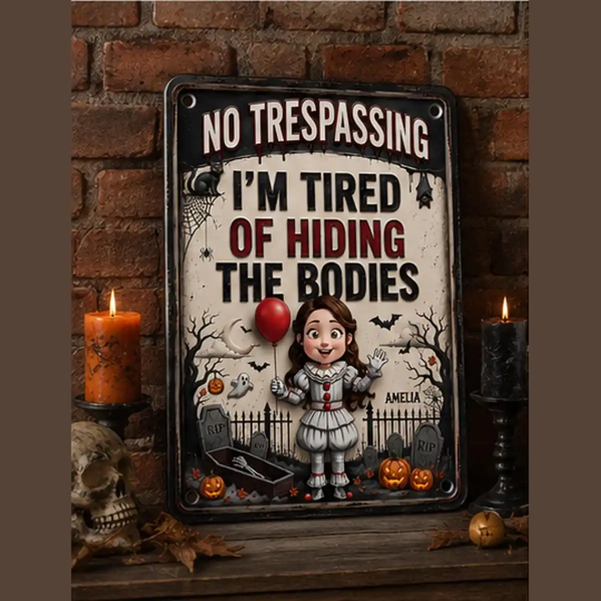 [2D Flat] Custom Metal Plaque, Funny Clown Girl Halloween Warning Custom Text Wall Sign, Holiday Gift (Only For Decoration)