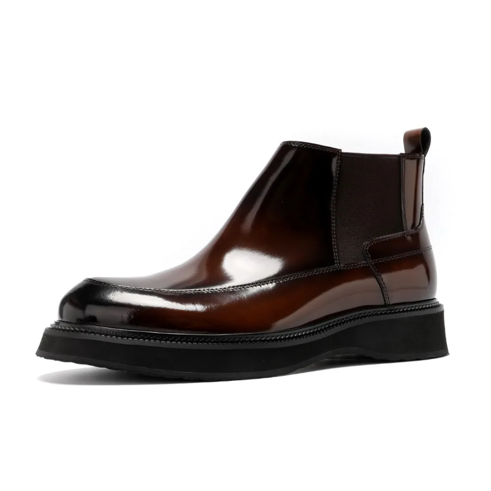 Mens Shiny Leather Boots Thick Sole Height Increasing Casual Genuine Leather High Top Ankle Boots British Fashion Short Boots