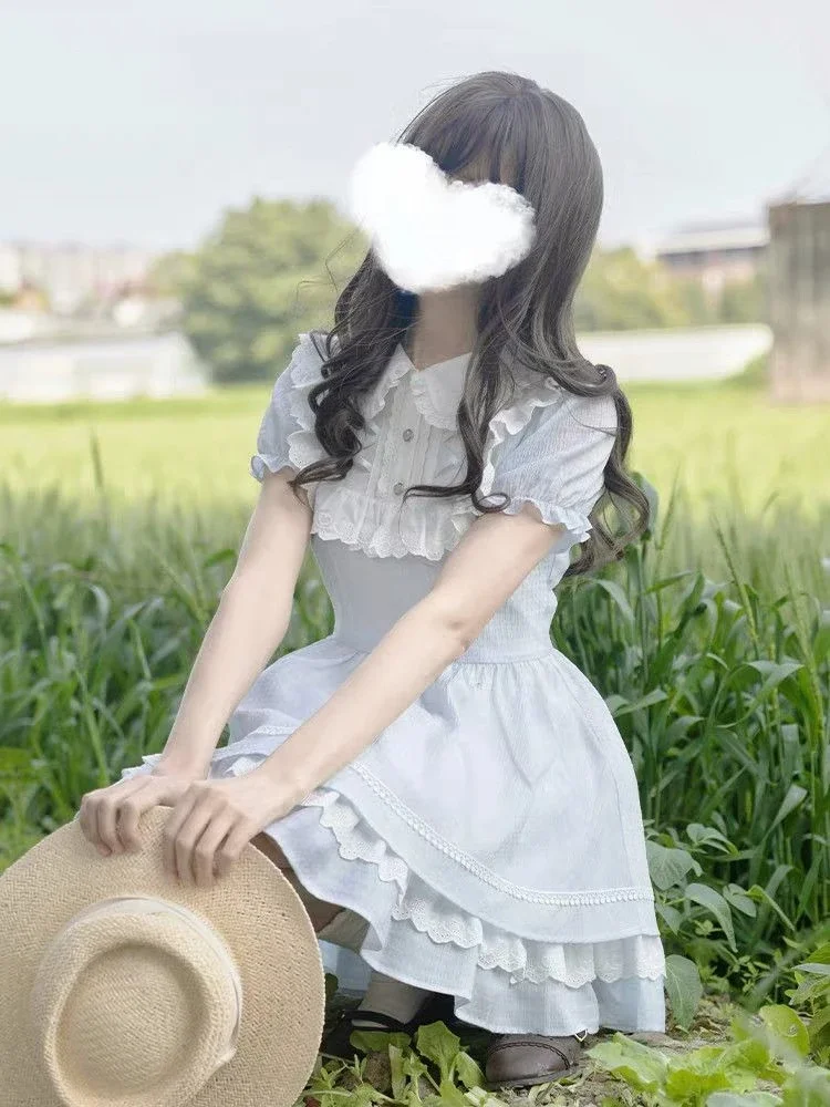 일본 로리타 레이스 패치워크 스위트 드레스 여성 카와이 소녀 러플 로브 여름 귀여운 베스티도스 Y2k 에스테틱 플리츠 드레스