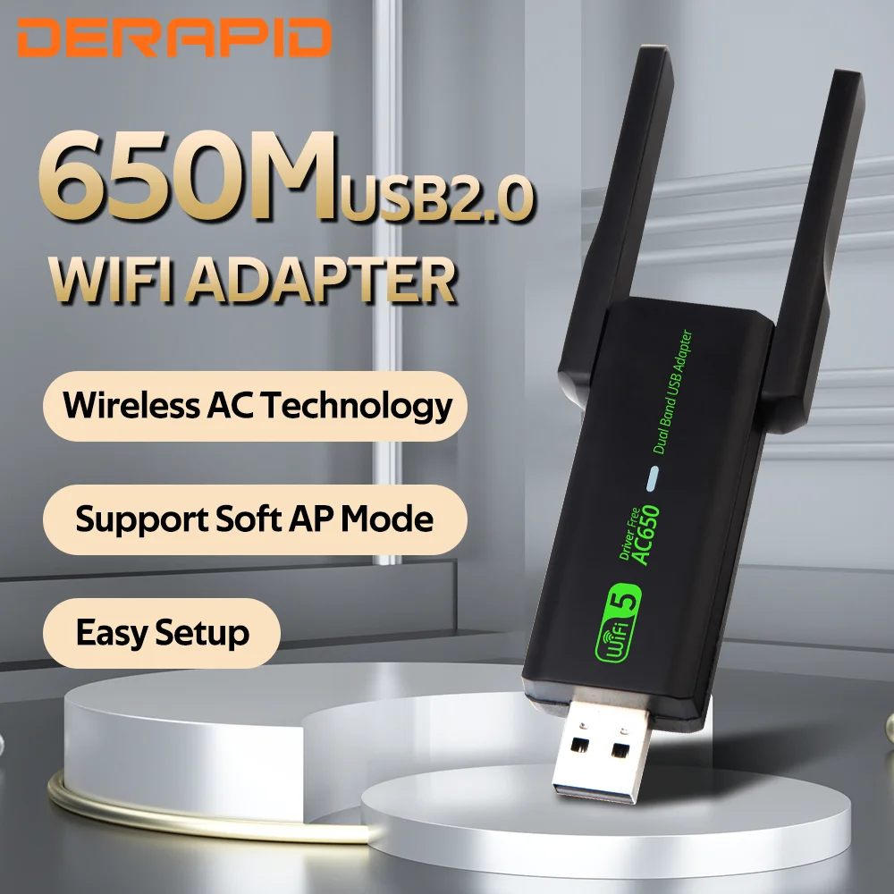 

Адаптер Wi-Fi USB AC650, Двухдиапазонная беспроводная сетевая карта USB2.0, точка доступа, Wi-Fi ресивер, мощная антенна для Win10/11, без драйвера