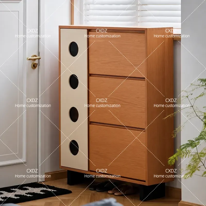 Ultra Thin Wall Mounted Shoe Cabinet Solid Wood Tipping Bucket Storage Rack for Entryway Hallway Small Apartment Home