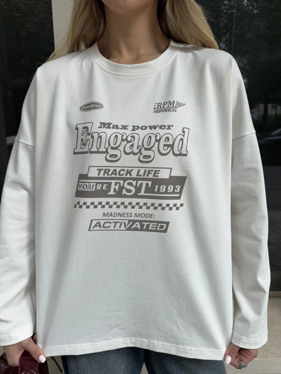 Spring  Autumn Women's 100% Cotton Long Sleeve Top Vintage Race Car Theme Text Print Loose Casual T‑Shirt Ins Streetwear
