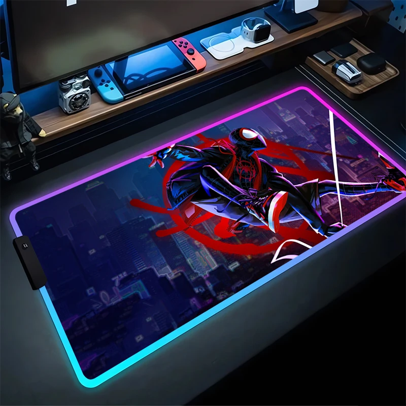 

RGB Gaming Mouse Pad S-Spider-Mans Desk Mat HD Gamer Accessories Large LED Light MousePads PC Computer Carpet M-Marvels handsome