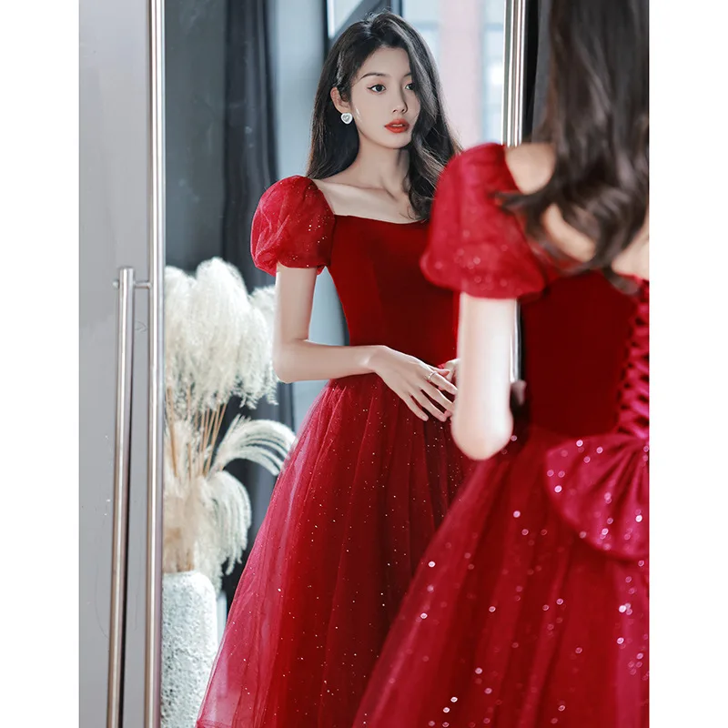 Wine Red Off the Shoulder Evening Dress Luxury Velvet Puff Sleeves Princess Dresses Tulle Sequins A-Line Engagement Gown