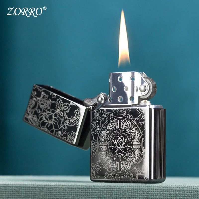 ZORRO Black Ice Satan War Song Kerosine Lighter Retro Engraving Pattern Windproof Metal Smoke Lighting Tool Holiday Men's Gift