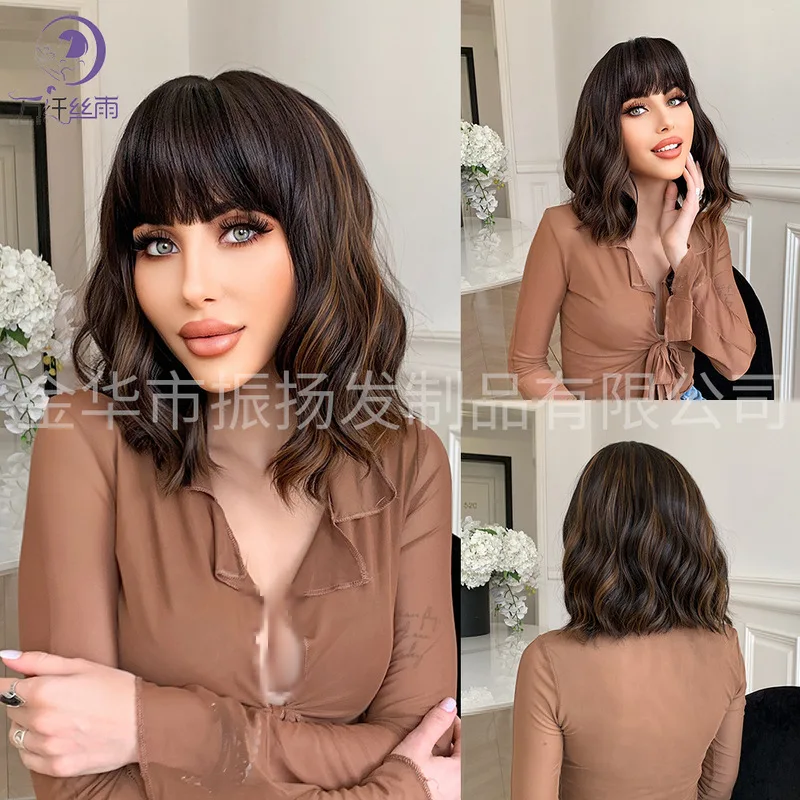 Women's wig bangs, water wave pattern, synthetic fiber, black mixed with brown