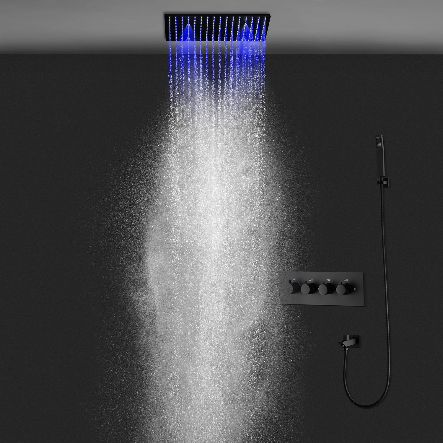 OLEFY Bathroom Ceiling Shower 20 Inch Black Spray LED Rain Shower Head Concealed Shower Set With Spout Thermostatic Mixer Set