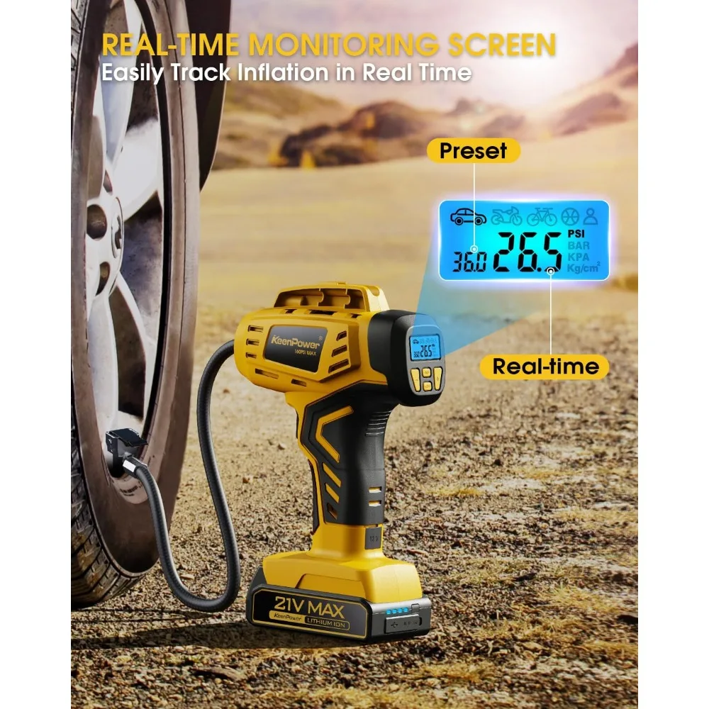 

Portable Air Compressor Tire Inflator 21V Rechargeable Battery Powered 160PSI Fast Car Motorcycle E-Bike Pump Dual Power