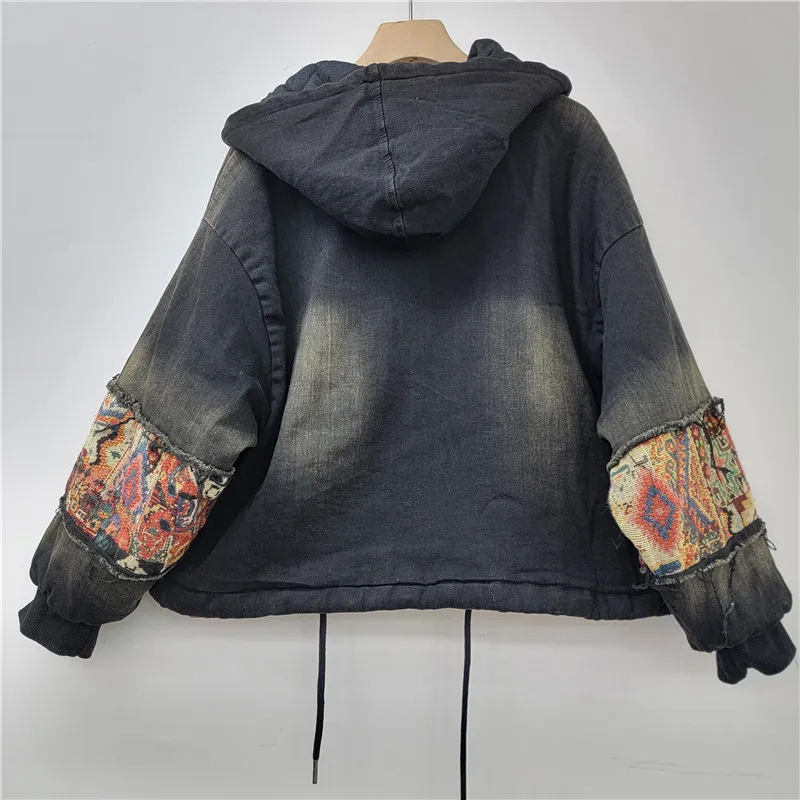 Women's 2024 Winter Parkas Retro Design Personality Jacquard Denim Splicing Hooded Zipper Cotton Clothes Loose Warm Short Jacket